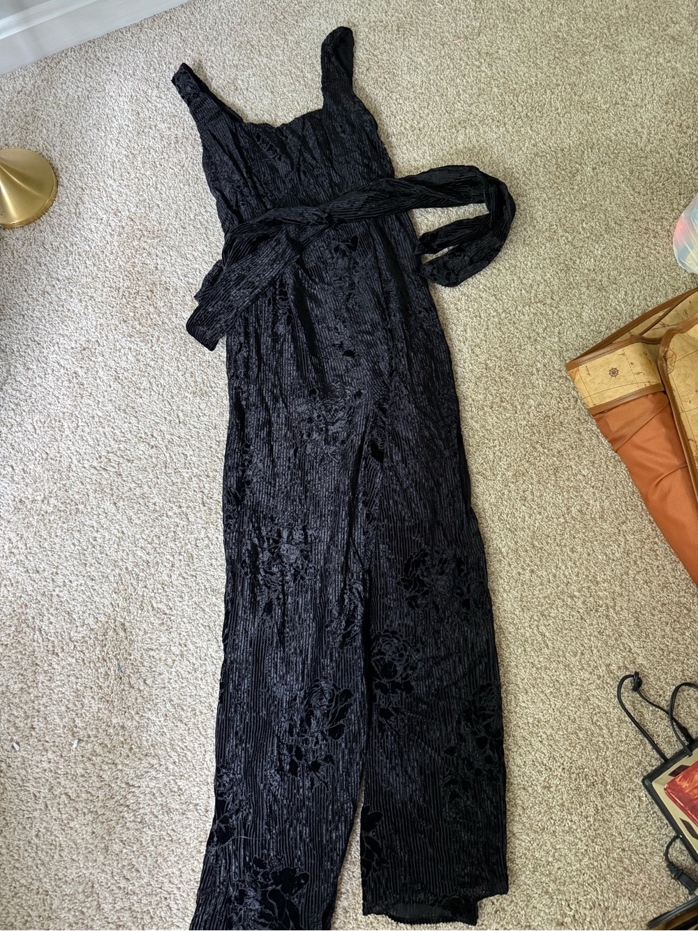 Anthropologie Black Velvet Textured Jumpsuit with Waist Tie